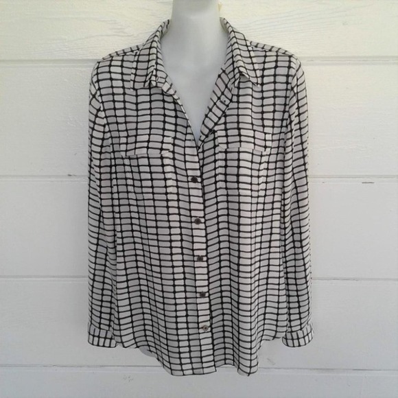 Loft Women's White Black Button Front Shirt Long Sleeves Small Petite - Picture 1 of 8